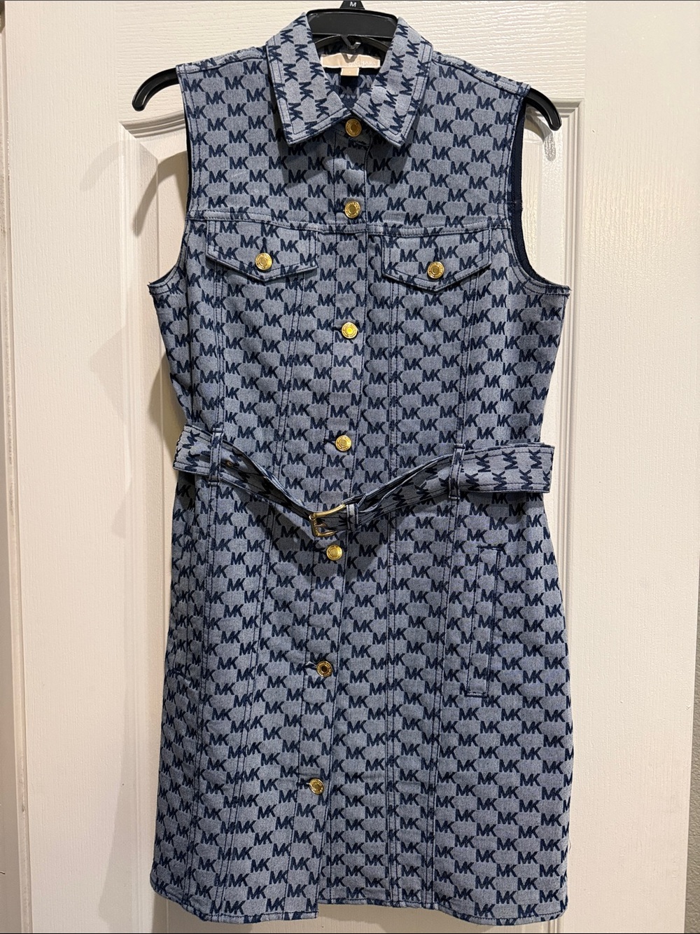 Michael Kors Blue Denim MK Logo Sleeveless Belted Dress